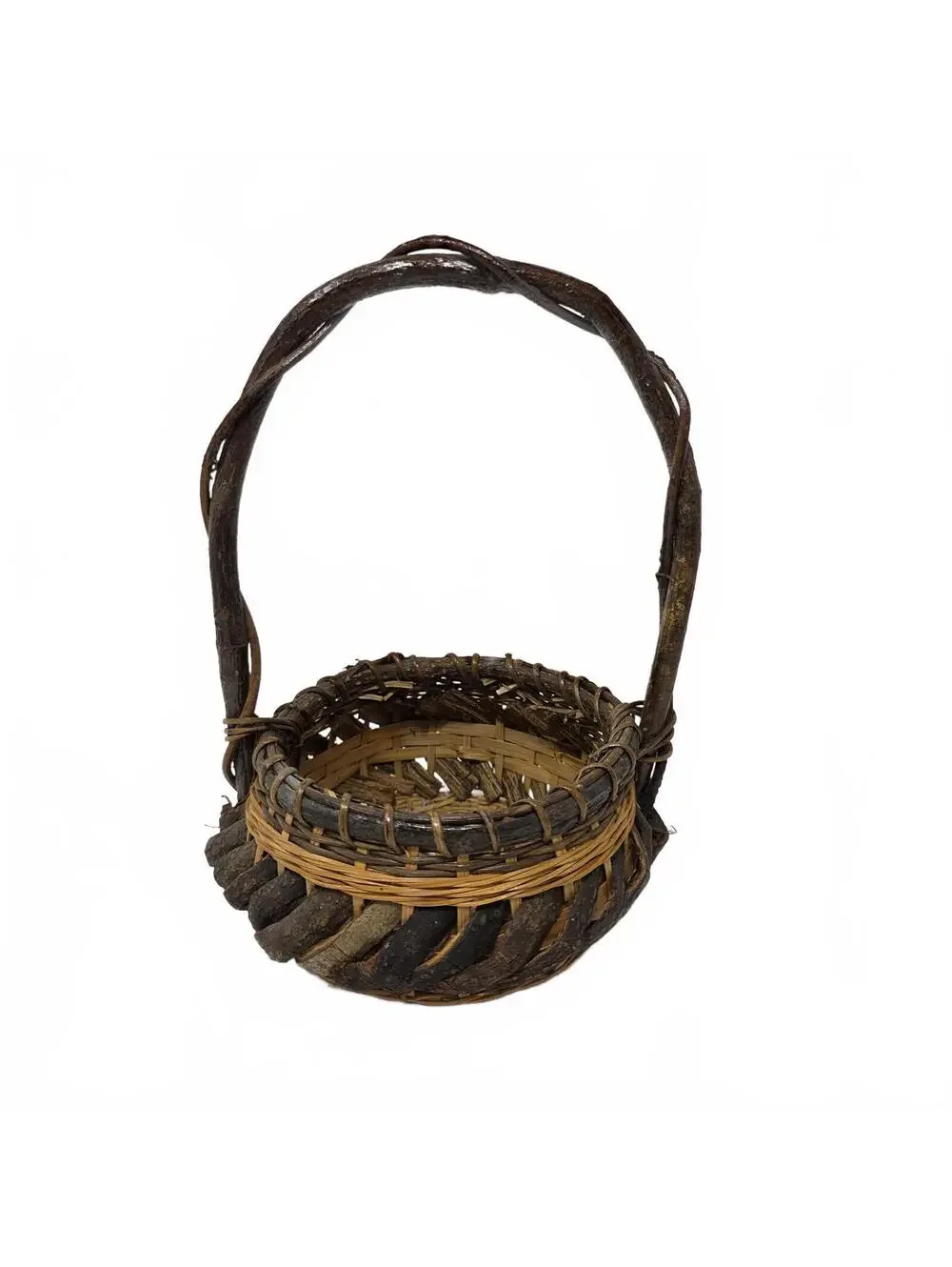 Vintage Handwoven Wood Wicker Basket Rustic Farmhouse Decor Small Handle